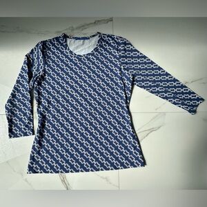 J. McLaughlin Geo Chain Print in Navy & White, 3/4 Sleeve Top, EUC, Sz. S